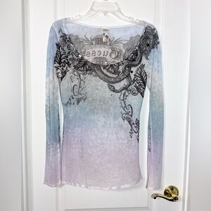 Y2K Guess Crystal Ombre Tattoo Long Sleeve Semi Sheer Top USA Made Purple Blue M